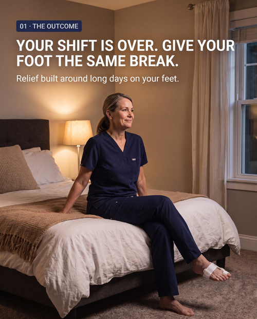 Aftershift Bunion Relief System worn by a nurse after a long work shift