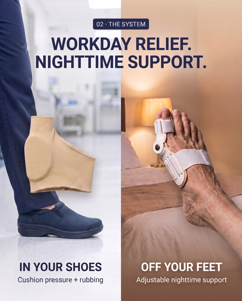 Aftershift workday and nighttime bunion relief system for long days on your feet